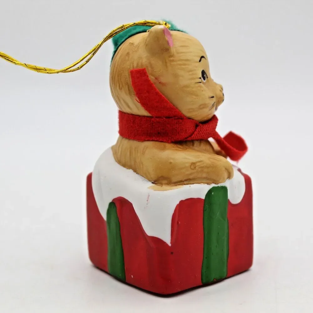 Holly Bells Porcelain Kitty Cat Bell Ornament Vintage 1986 Original Box b